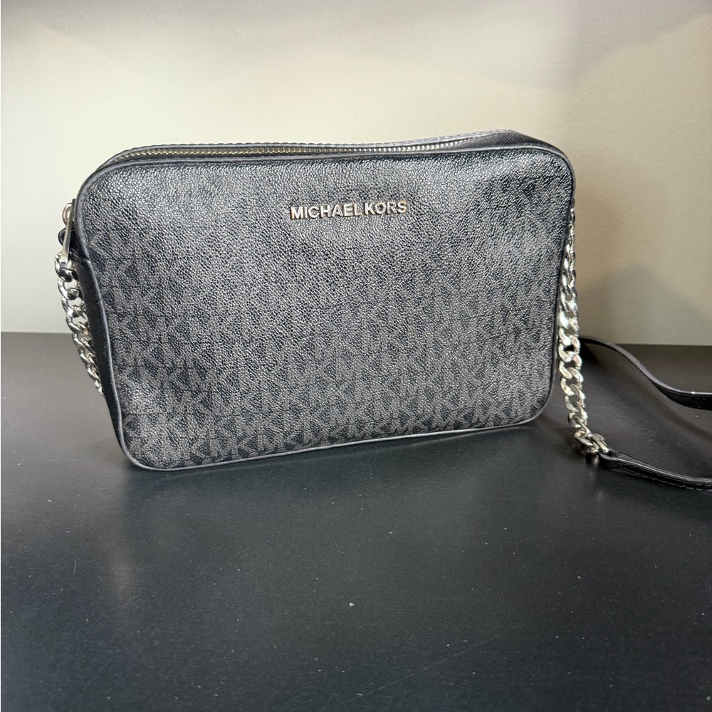 Michael Kors Black MK Logo Messenger Bag with Silver Chain